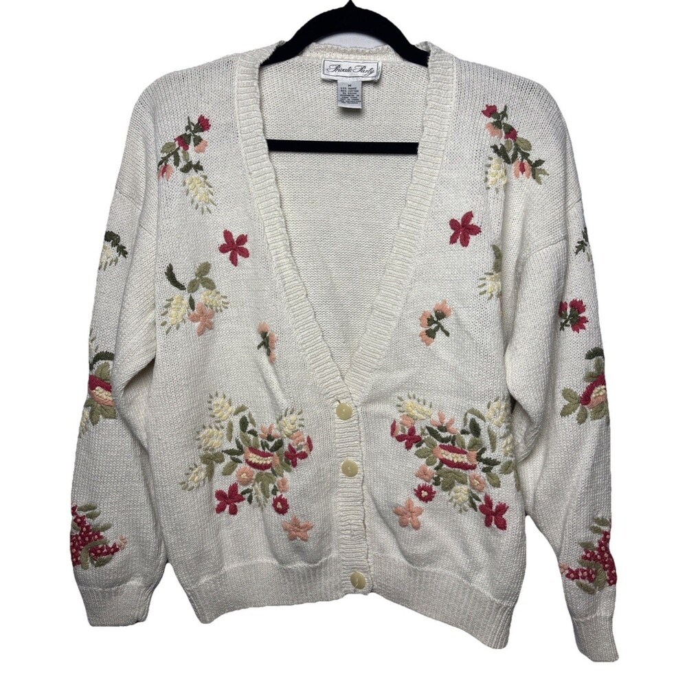 Cozy Vintage Embroidered Floral Knit Cardigan Boho Grannycore Cottagecore